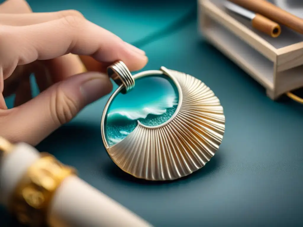 Artesano esculpe con precisión un colgante inspirado en concha marina Un artesano experto talla con precisión un colgante inspirado en conchas marinas
