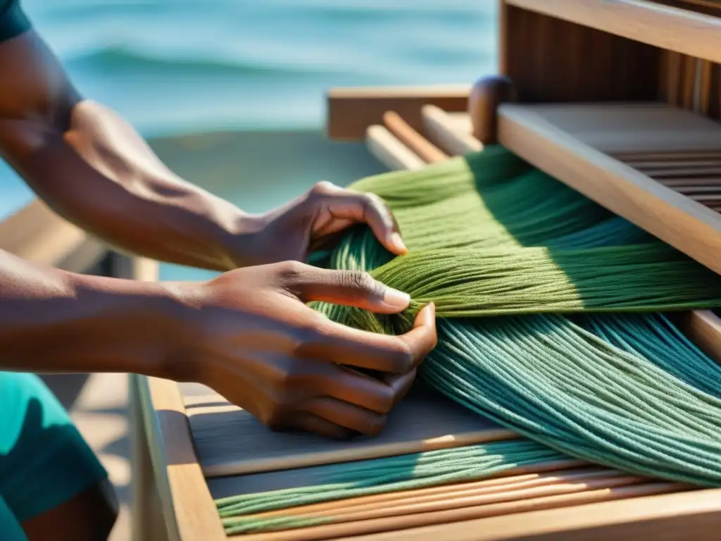 Artesano entrelazando fibras naturales, iluminado por el sol, entre artesanías costeras auténticas valorar