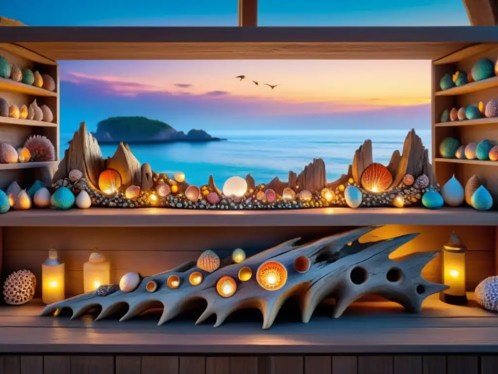 Artesano tallando madera a mano junto al mar al atardecer Un artesano habilidoso tallando madera a la orilla del mar en un pueblo costero al atardecer, rodeado de joyas y cerámica artesanal