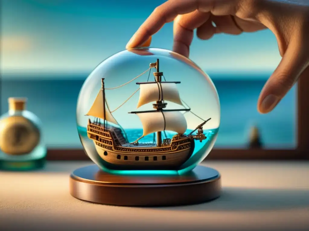 Artesano creando barco en botella: detalle y destreza Un artesano habilidoso crea una nave en miniatura dentro de una botella, destacando la precisión y belleza de las artesanías marítimas únicas mundo