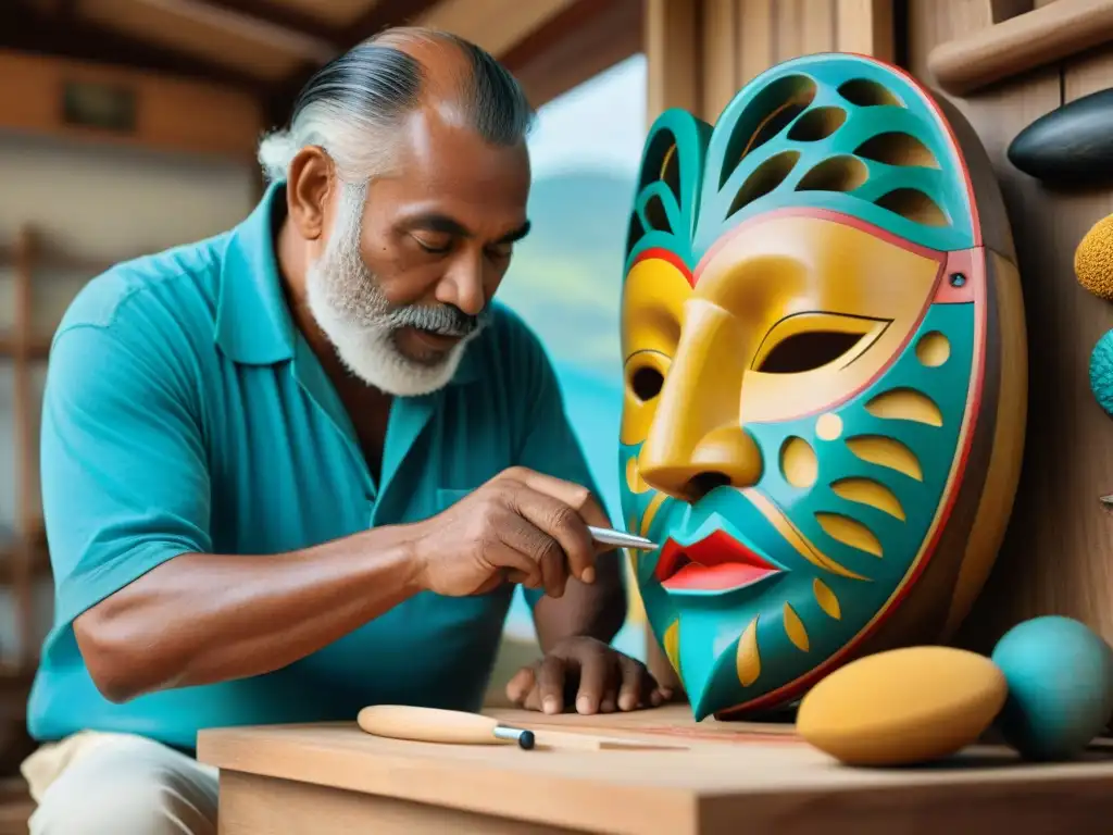 Artesano tallando máscara costera: tradición y creatividad Un artesano habilidoso talla patrones en máscara de madera costera con pigmentos naturales y herramientas