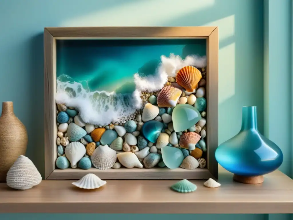 Artesana creando decoración marina con conchas y cristales marinos Un artesano crea una hermosa obra de arte con conchas marinas, madera a la deriva y cristales marinos, en un ambiente luminoso y acogedor