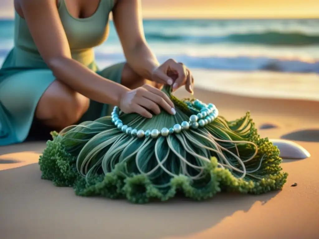 Artesanía marina: joyas hechas a mano con amor y maestría Un artesano crea joyería inspirada en el mar con algas, conchas y perlas, frente a un atardecer en la playa