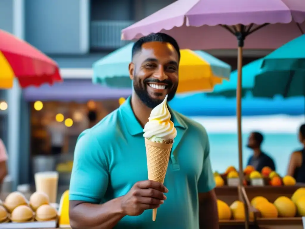 Artesano feliz con helado de frutas tropicales en mercado costero Un artesano local sonriente sostiene un cono de helado con sabores tropicales únicos en una heladería costera