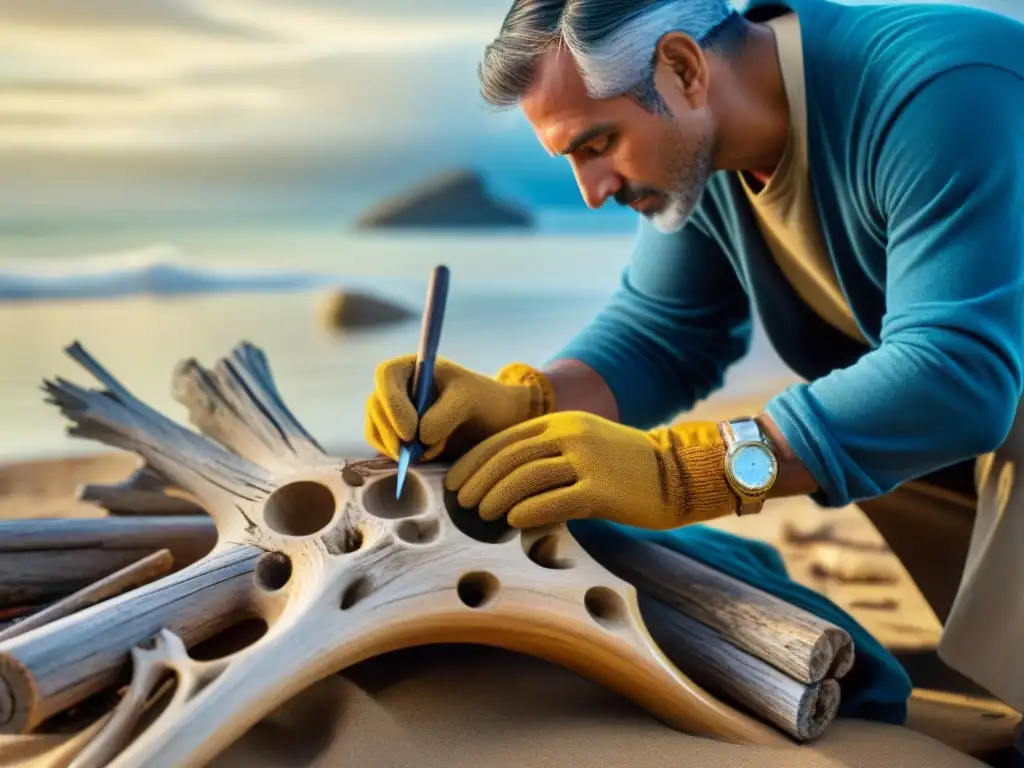 Tallado artesanal en madera a la orilla del mar Un artesano marítimo único en el mundo tallando diseños en madera a la orilla del mar
