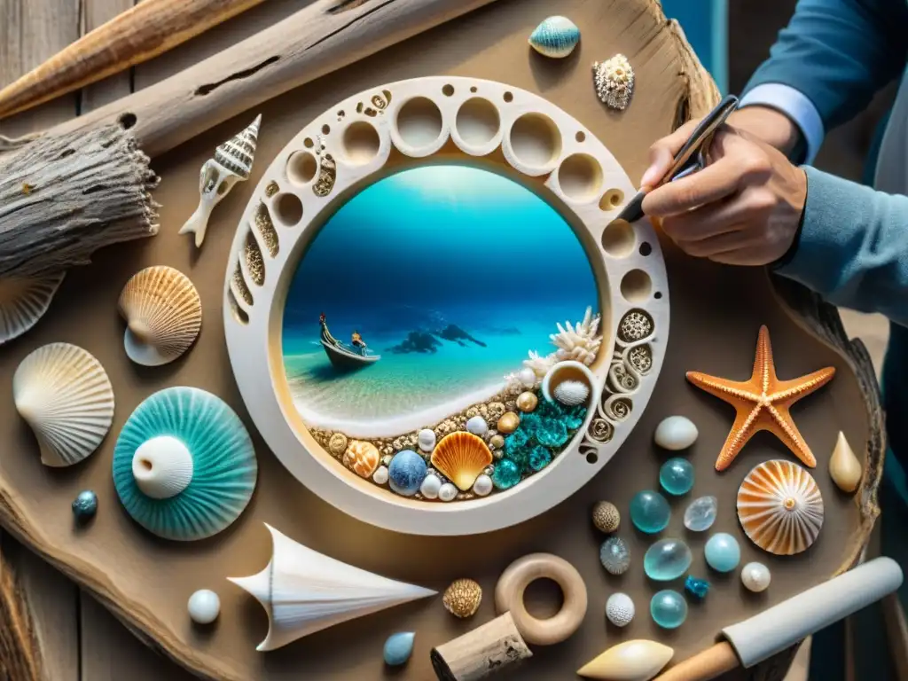 Artesano marino esculpiendo una concha en madera Un artesano crea una obra de arte oceánica inspirada en el mar, rodeado de herramientas y trinkets coloridos