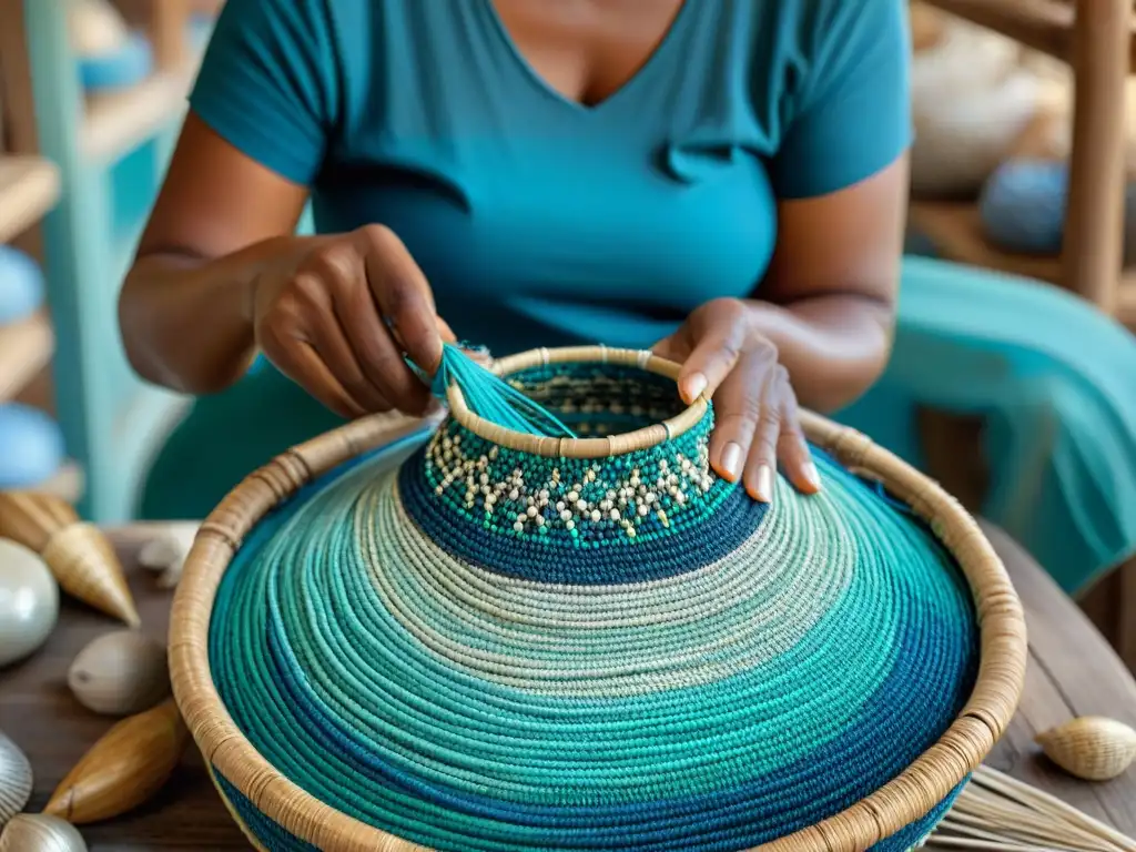 Artesano tejiendo cesta marina con destreza Un artesano oceánico experto teje con destreza una cesta inspirada en el mar, con manos y materiales auténticos