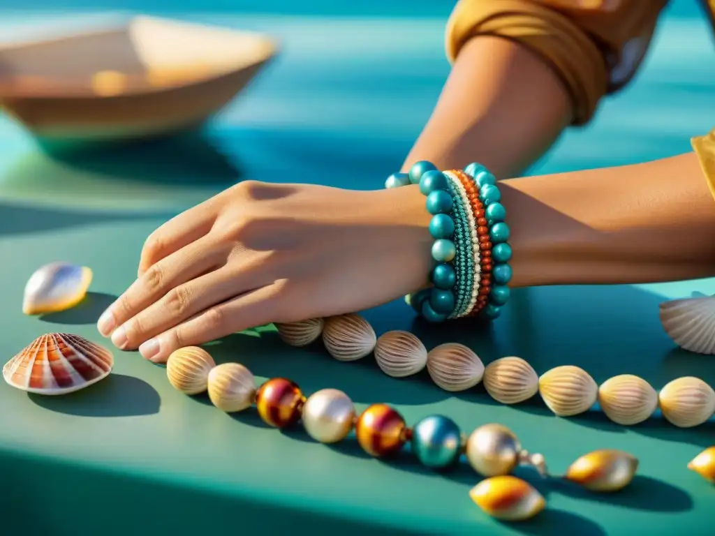 Artesano crea pulsera marina con detalle y destreza Un artesano crea pulseras con motivos marinos únicas, detallando con cuidado cada pieza de colores vibrantes