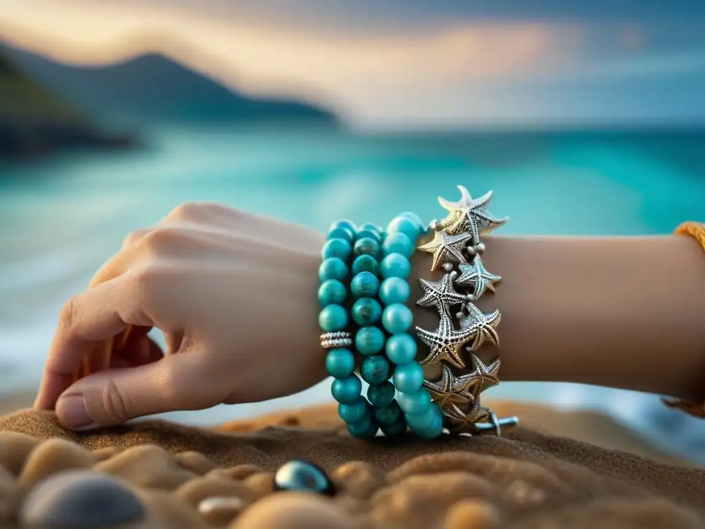 Artesana crea pulsera marina única con detalle y destreza Un artesano crea pulseras con motivos marinos únicas, tejiendo perlas y turquesas inspiradas en el océano
