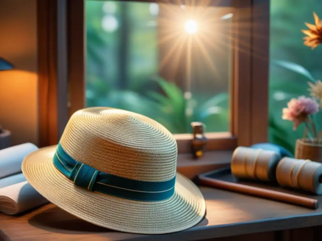 Diseñador de sombreros crea obra maestra de paja tejida a mano Un artesano de sombreros crea a mano un elegante sombrero de sol de paja sostenible, con la palabra clave 'Protección solar con estilo playero'
