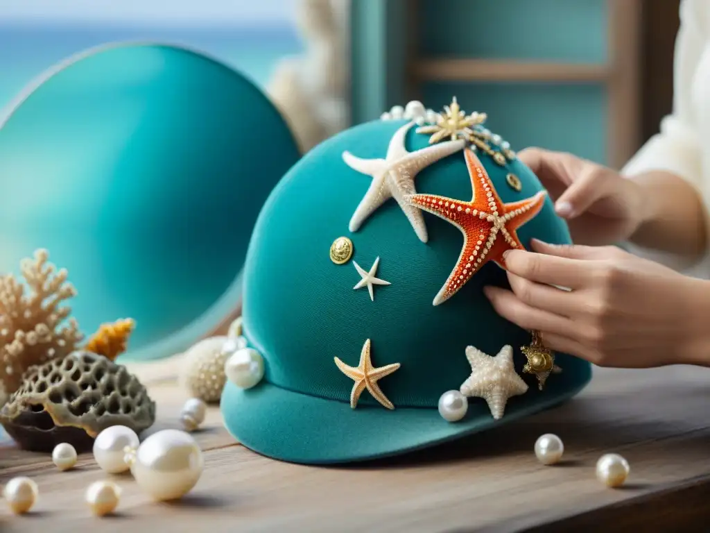 Artesano creando diadema con conchas marinas y perlas Un artesano crea un tocado marino para eventos especiales con perlas, coral y estrellas de mar en un ambiente sereno y cautivador