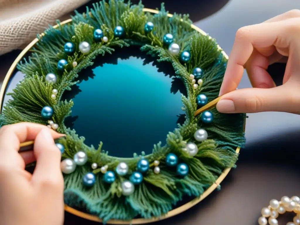 Artesana crea diadema marina con algas y perlas Un artesano crea tocados marinos para eventos especiales con destreza, entre perlas y algas azules brillantes