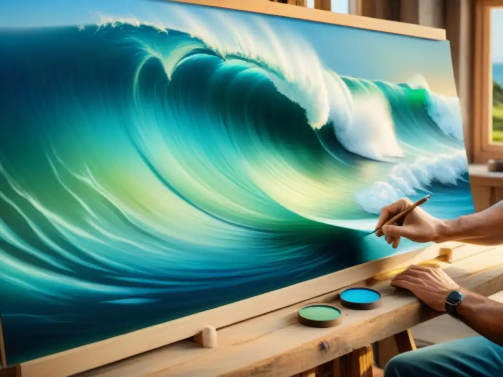 Artesano pintando un vibrante paisaje marino en madera Un artesano pinta un vibrante paisaje marino en madera en un taller costero