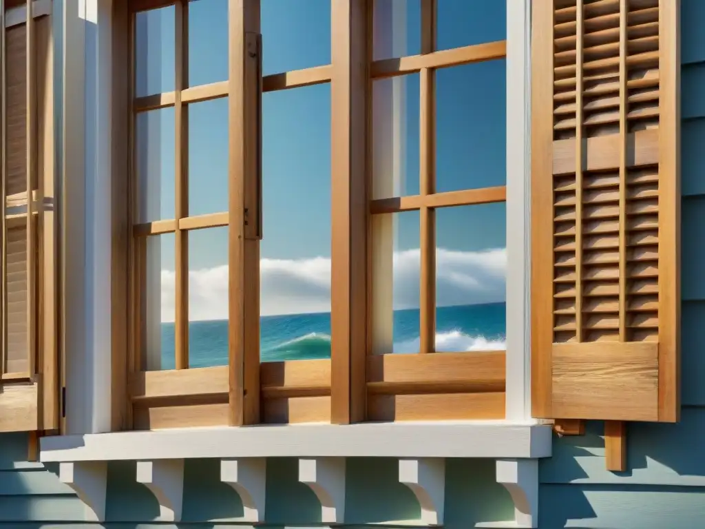 Restauración artesanal de contraventanas de madera en casa costera Restauración encanto casa costa: Artesano restaura minuciosamente viejas contraventanas de madera en casa costera