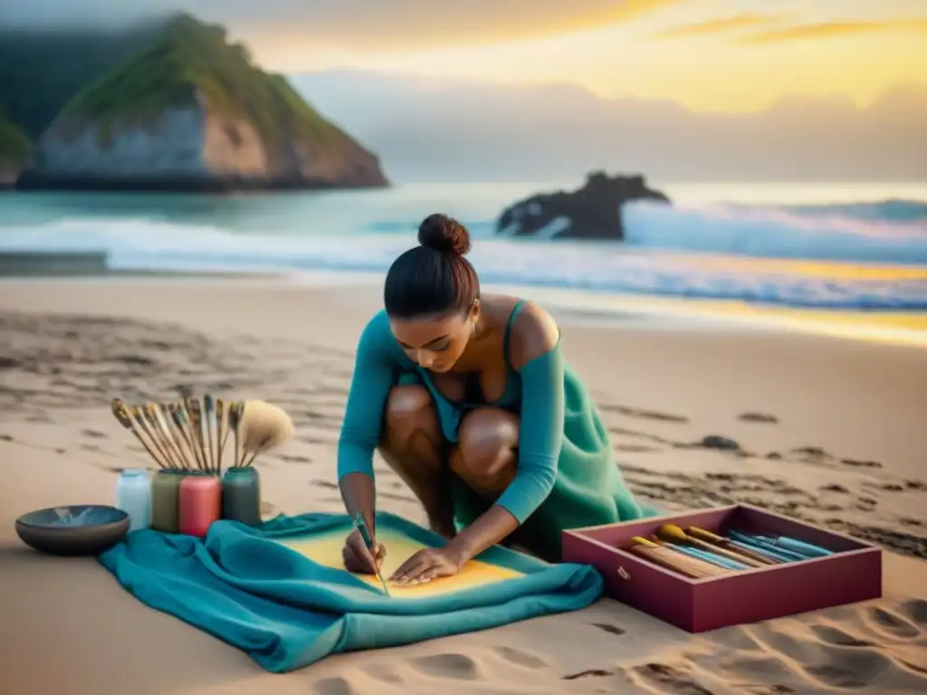 Artesanos creando arte costero sostenible al amanecer Artesanos creando arte costero sostenible en la playa al amanecer