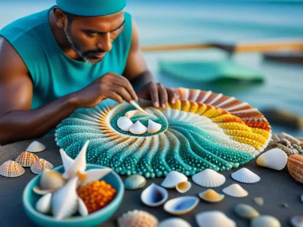 Artesanos costeros creando mosaicos de conchas en mercado pesquero Artesanos costeros crean mosaicos de conchas en mercado de pescado, reflejando la conexión entre la cultura local y el mar