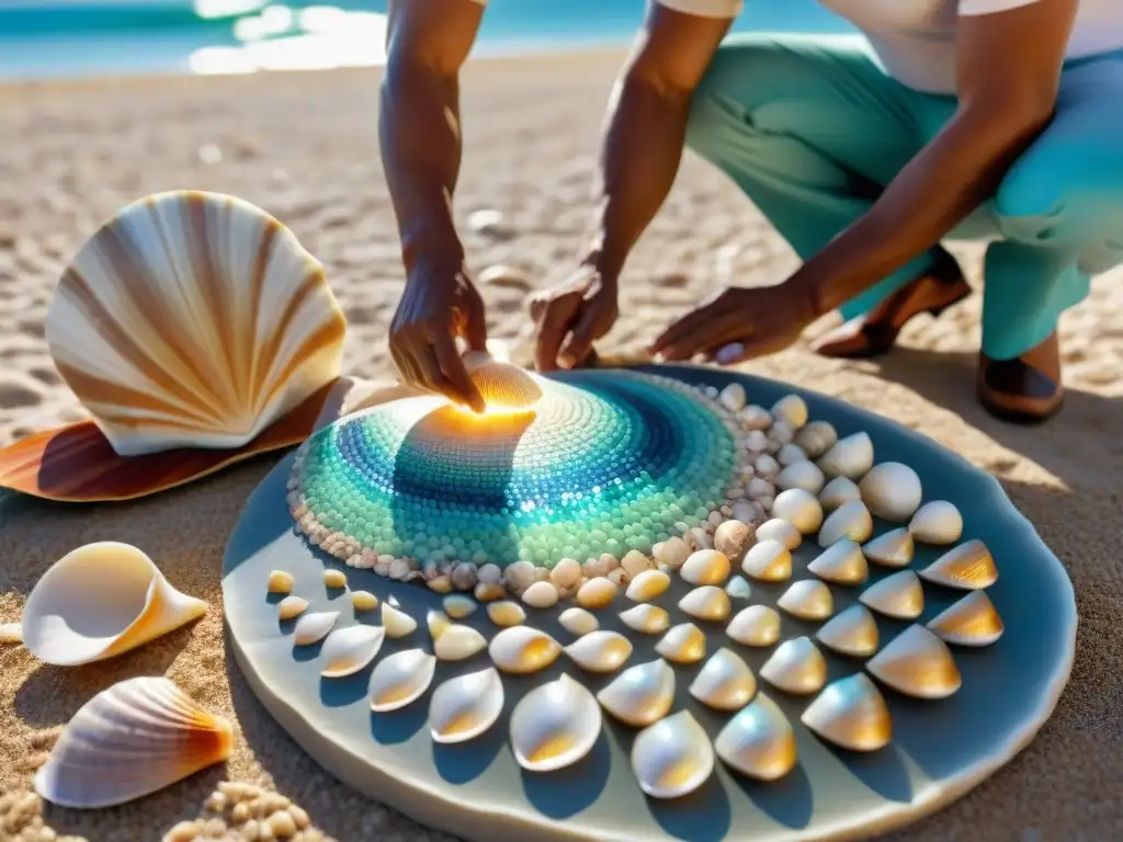 Artesanos creando mosaicos de conchas junto al mar Artesanos creando mosaicos de conchas en festivales de arte costero