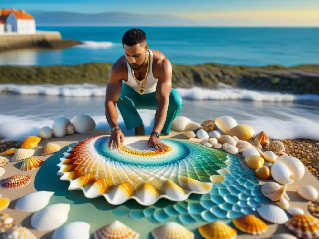 Artesanos creando mosaicos de conchas junto al mar Artesanos creando mosaicos de conchas en un paseo marítimo, reflejando la tradición y arte en ciudades costeras