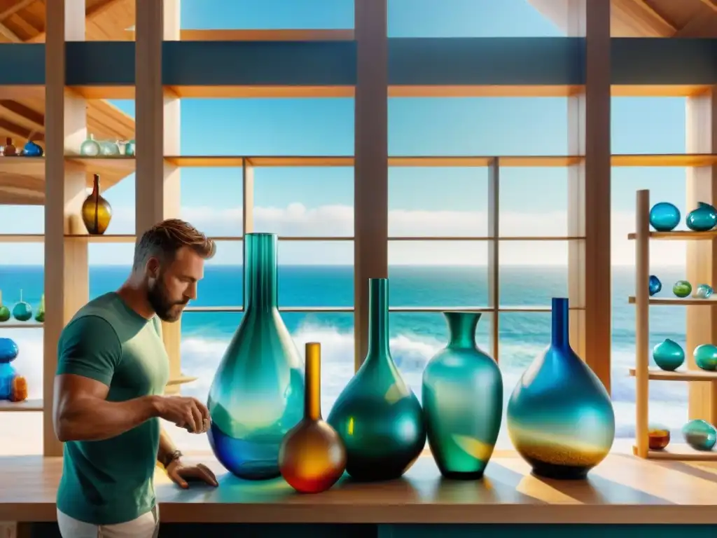 Artesano crea escultura de vidrio reciclado frente al mar Un artista crea accesorios sostenibles de vidrio reciclado inspirados en el mar en su estudio costero iluminado por el sol