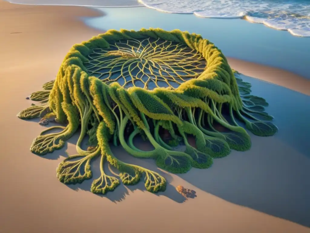 Artista crea instalación costera al atardecer Artista crea instalación de arte costero contemporáneo técnicas innovadoras en playa al atardecer