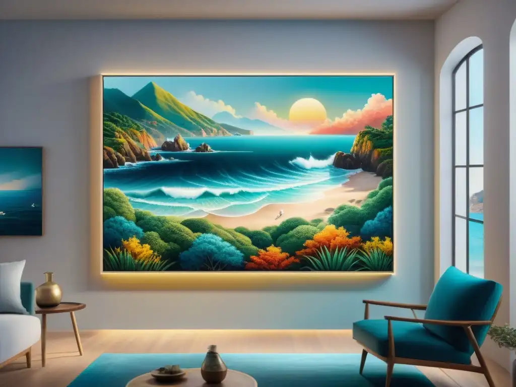 Pintura costera innovadora: artista crea escena vívida en lienzo Un artista crea arte costero contemporáneo con técnicas innovadoras en un lienzo, fusionando elementos tradicionales con un giro moderno
