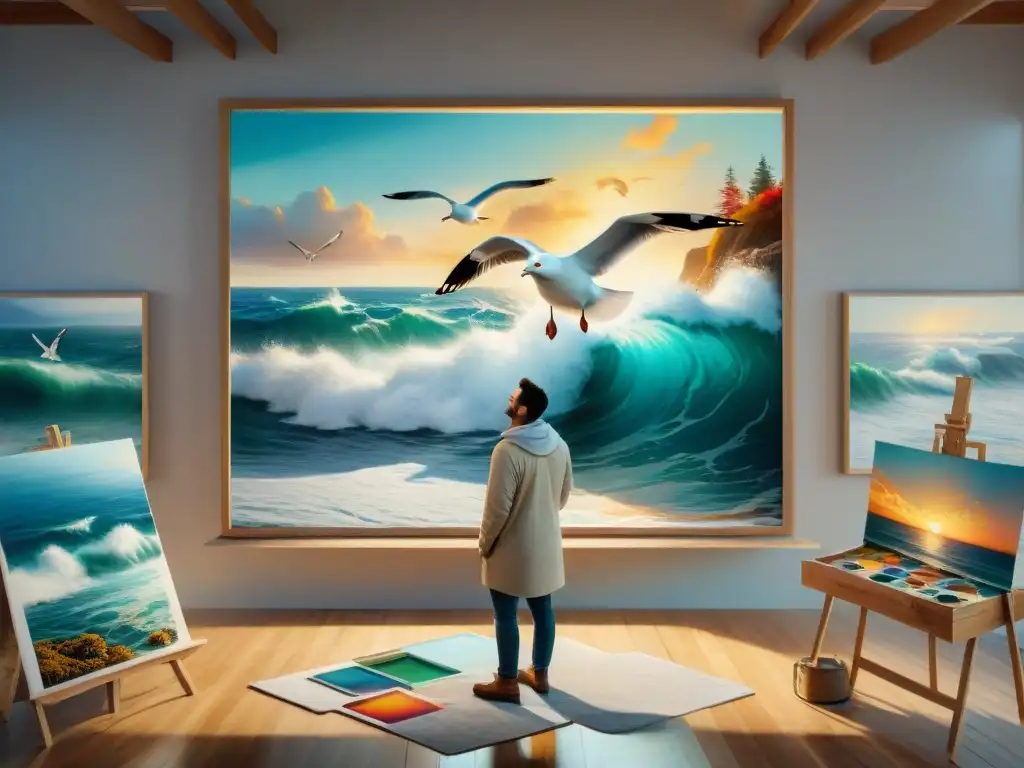 Artista pintando paisaje costero: detalle y pasión Un artista crea arte costero en decoración de propiedades, inmerso en su obra frente a una ventana iluminada