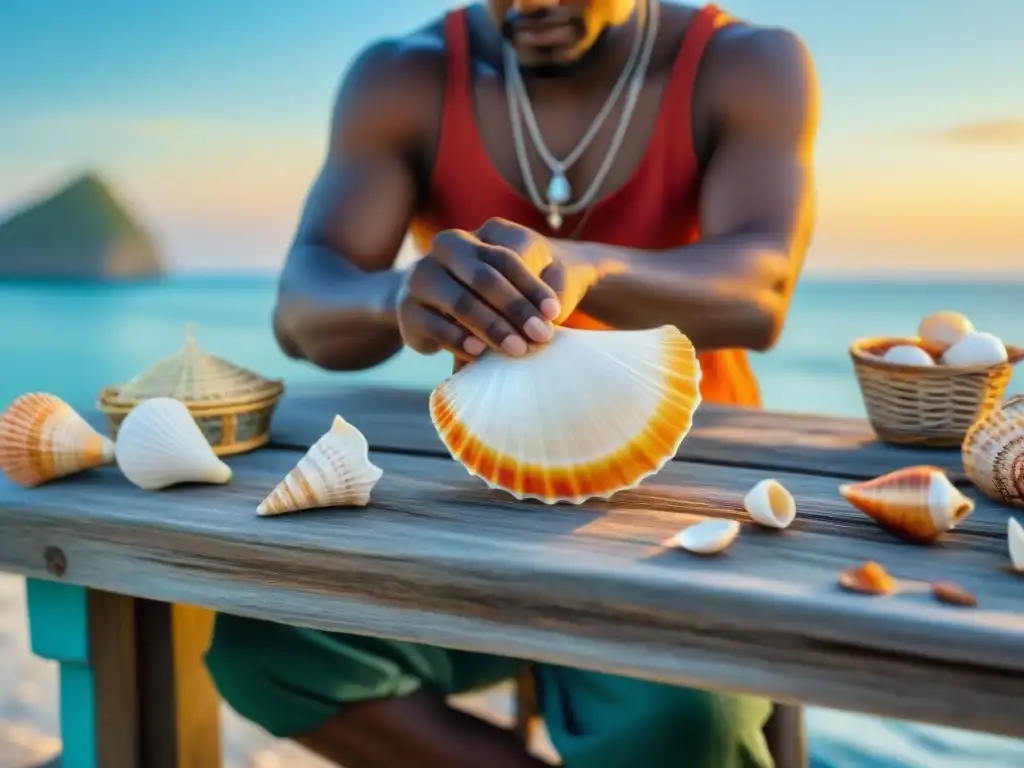 Artesano creando collar de conchas en la costa al atardecer Un artista de artesanías costeras crea un collar de conchas en un paisaje sereno