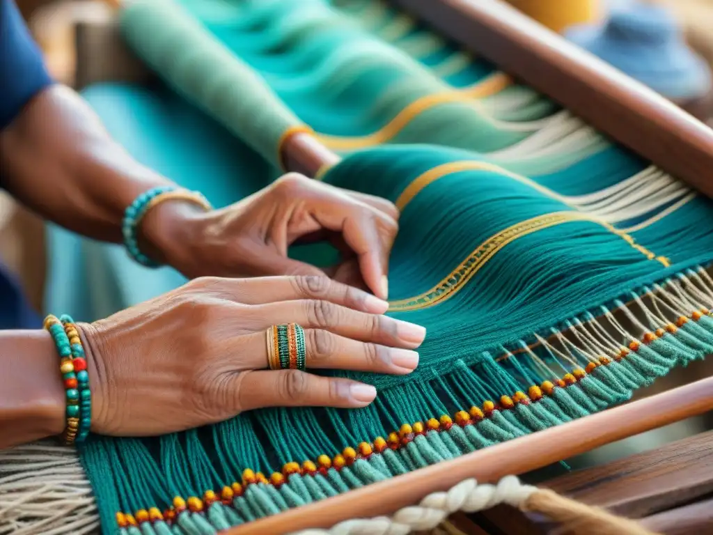 Artesano tejiendo una obra maestra: tradición costera en detalle Un artista de artesanías costeras teje patrones intrincados en vibrantes colores, mostrando historias de generaciones