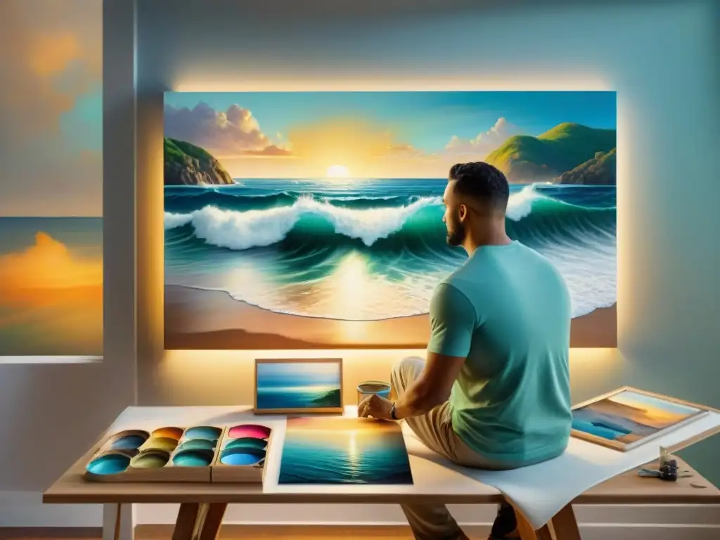 Artista costero creando una obra maestra marina Un artista costero local crea una obra maestra marina con pasión y dedicación