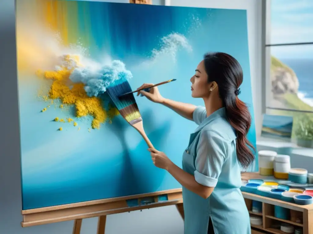 Pintura costera: artista crea con pasión y color Artista costero aplicando pintura azul en lienzo grande, reflejando su expresión concentrada