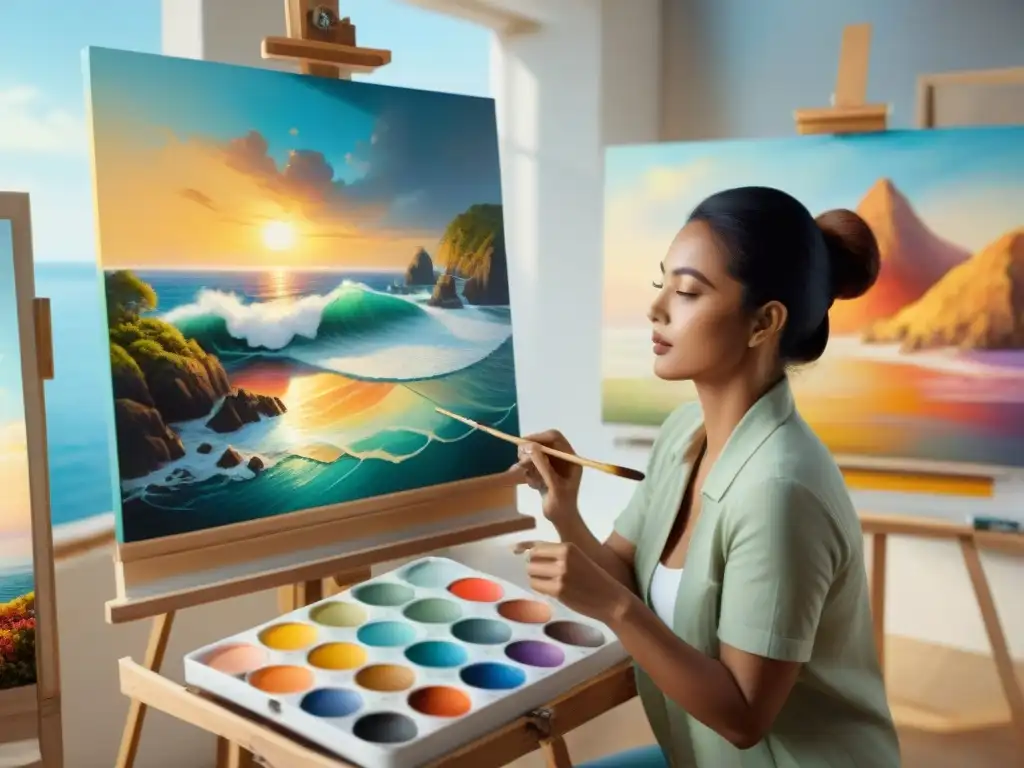 Artista pintando paisaje costero: detalle y destreza Un artista habilidoso pintando un paisaje costero vibrante en un lienzo grande, rodeado de pinturas y pinceles
