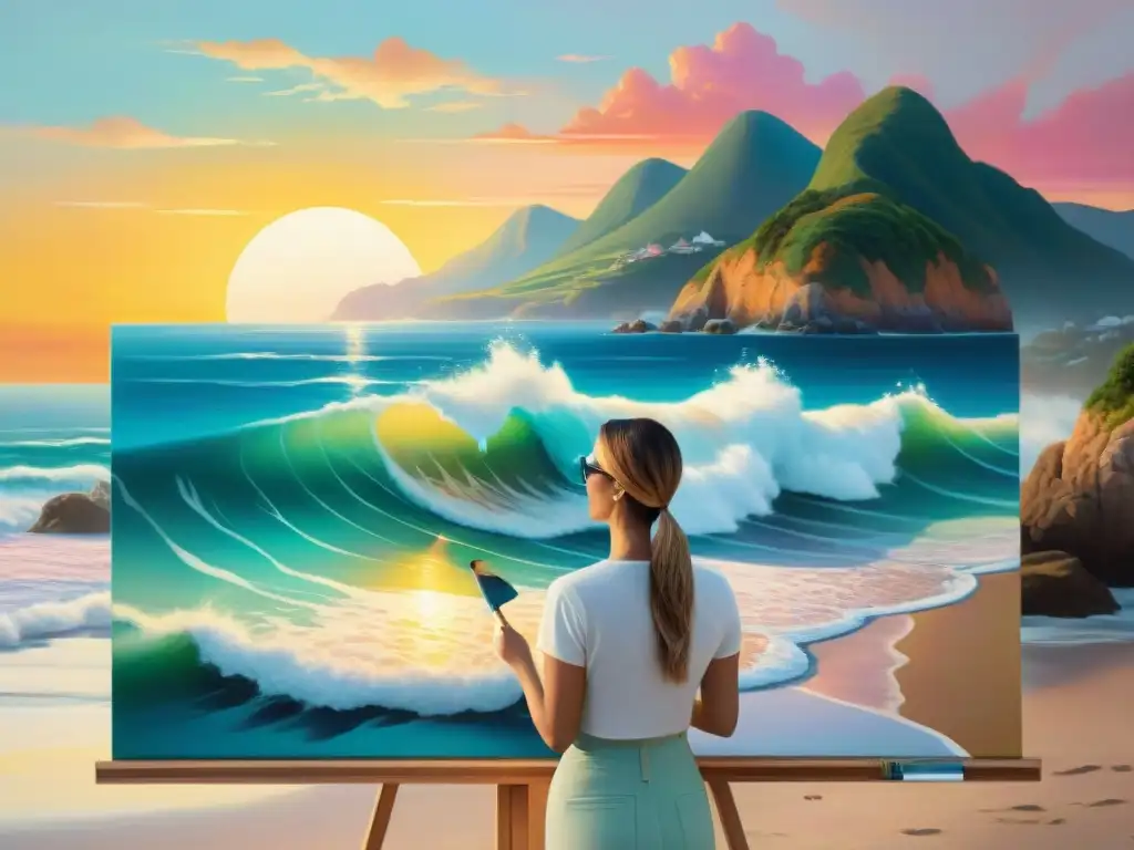 Pintor local crea paraíso costero en vibrante lienzo Artista local pintando un paisaje marino vibrante, ideal para decoración para hogar estilo costero