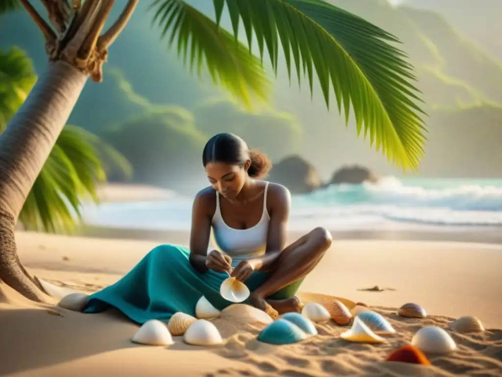 Artesanos creando joyería de conchas en la playa Artistas costeros crean artesanías detalladas en la playa bajo coloridos paraguas, con el mar de fondo