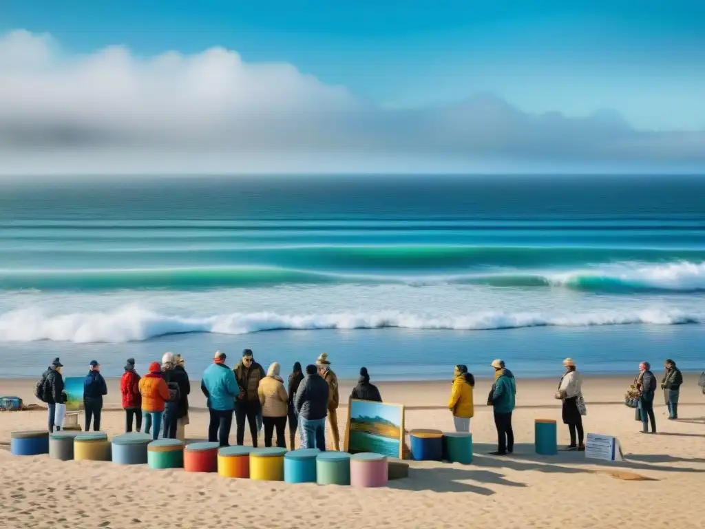 Exposición costera: artistas emergentes deslumbran en el paseo marítimo Artistas costeros en mercado de arte global en playa vibrante bajo cielo azul y mar brillante, cautivando a curiosos y compradores