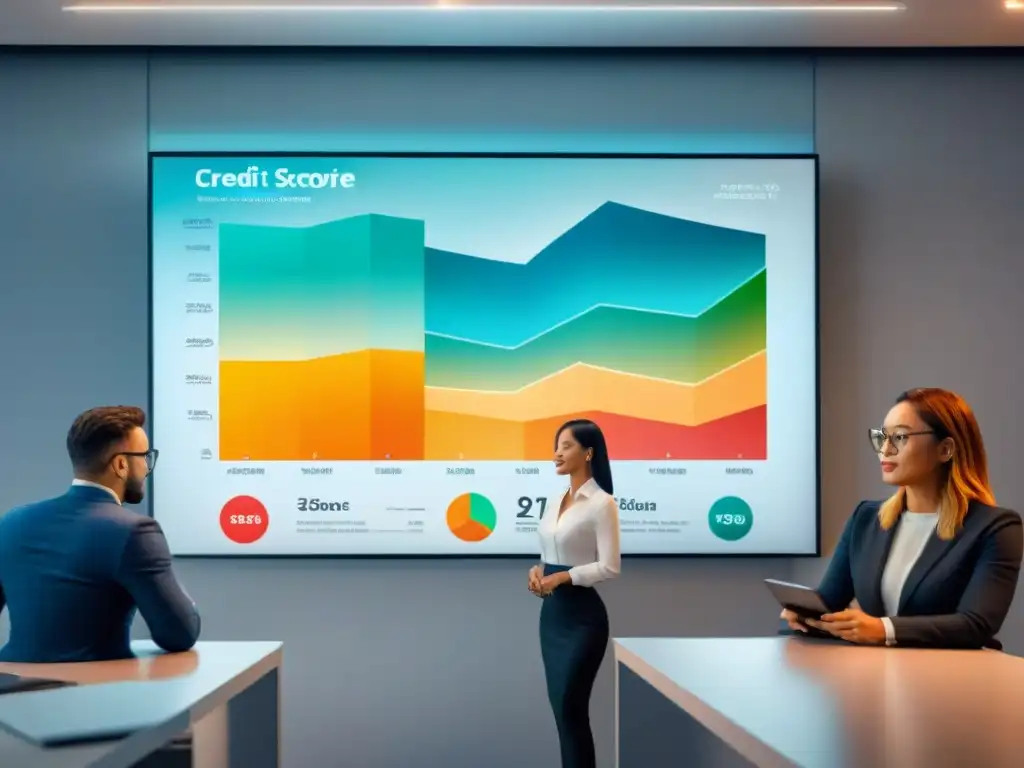 Revisión de informes de crédito con asesor financiero en oficina moderna Un asesor financiero guía a un grupo diverso revisando informes crediticios en una oficina moderna con gráficos de tendencias