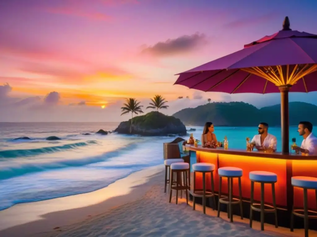 Bar playero al atardecer: Cocteles tropicales y relax junto al mar Atardecer en un bar costero, cocteles exóticos y ambiente relajado