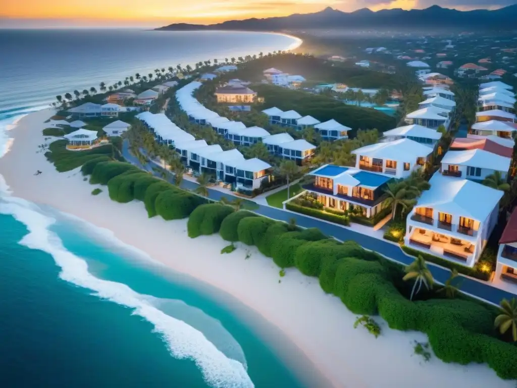 Costa de lujo al atardecer: inversión inmobiliaria exclusiva Atardecer en ciudad costera con propiedades de lujo, yates y playas doradas