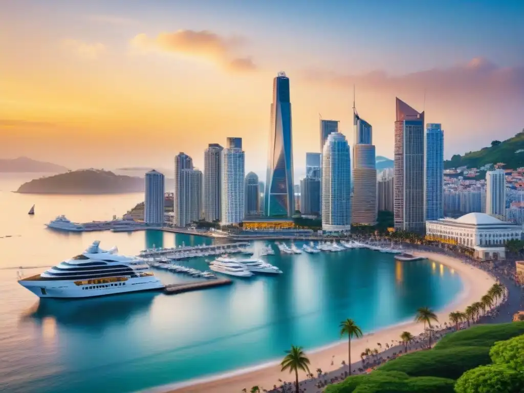 Esplendor costero al atardecer: ciudad vibrante y moderna Atardecer en ciudad costera con rascacielos, veleros y gente disfrutando del mar, reflejando auge inmobiliario