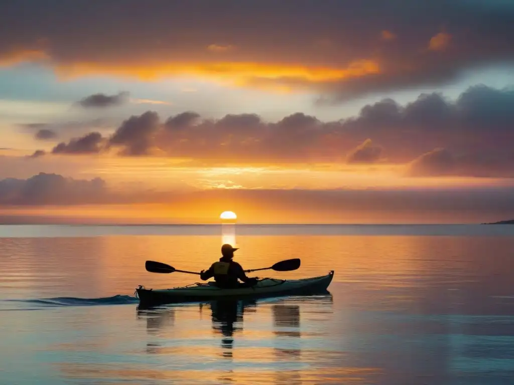 Intenso atardecer: silueta de un kayakista en el mar Un atardecer colorido reflejado en aguas tranquilas, con un kayaker en la distancia