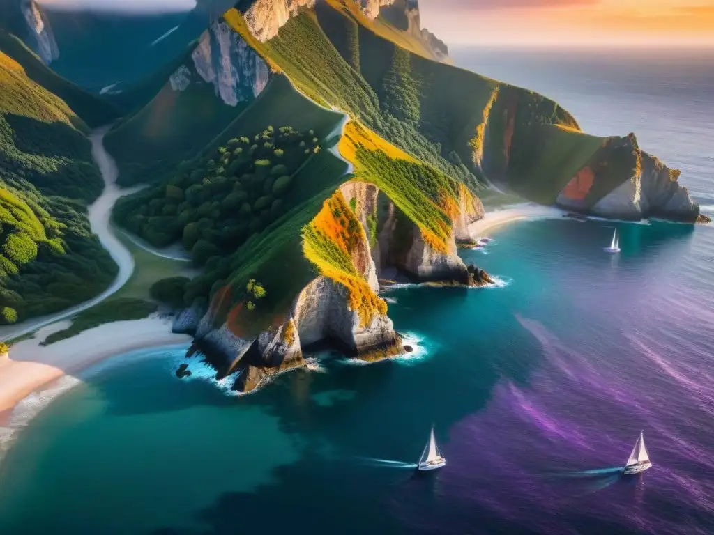 Paisaje costero al atardecer: serenidad y belleza Atardecer en la costa: acantilados, velero y colores vibrantes transforman propiedad costera hogar soñado