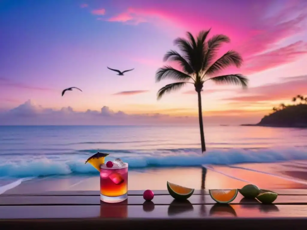 Espectacular atardecer costero: lujo y serenidad junto al mar Un atardecer costero de ensueño con cócteles y palmeras
