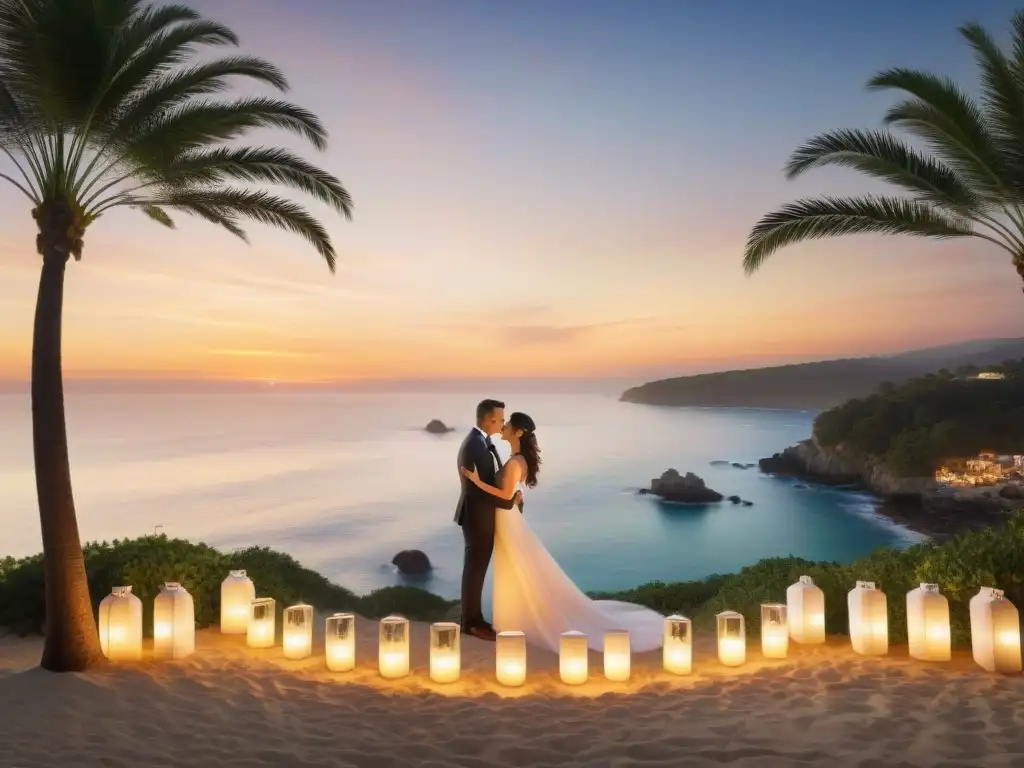 Atardecer mágico en evento costero Un atardecer costero con decoración de eventos iluminada por luces de hadas y faroles, creando una atmósfera mágica