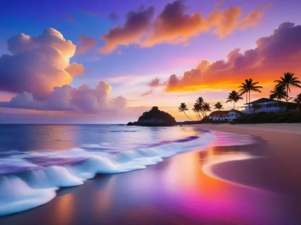 Atardecer costero: lujo y tranquilidad en propiedad frente al mar Un atardecer costero lleno de belleza capturado en una imagen detallada, reflejando la serenidad y lujo de propiedades costeras
