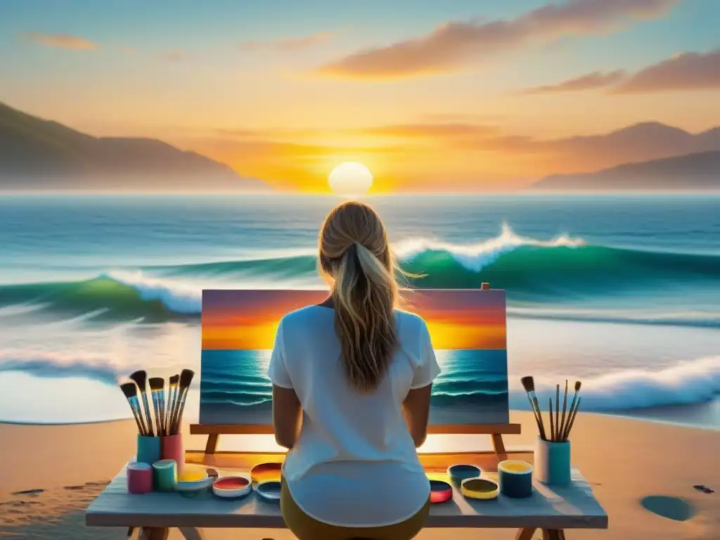 Puesta de sol costera: Artista crea obra maestra Atardecer costero sereno con artista pintando en lienzo, reflejando tranquilidad y creatividad para iniciar colección de arte costero vida