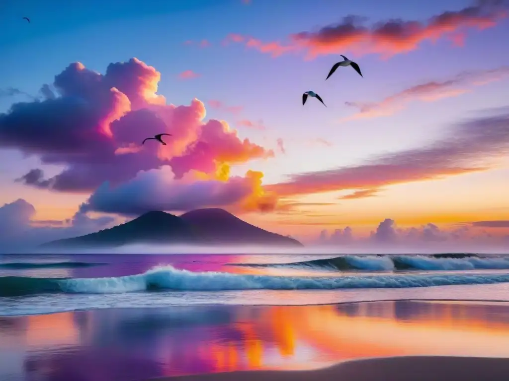 Tranquilidad costera: atardecer vibrante en paraíso tropical Un atardecer costero sereno, con tonos vibrantes de naranja, rosa y morado pintando el cielo, reflejándose en las aguas tranquilas