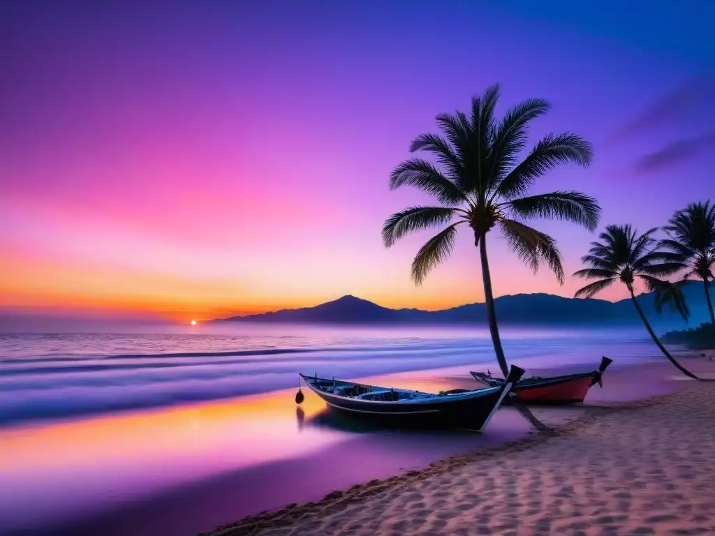 Atardecer costero: Belleza serena y vibrante Atardecer costero vibrante con palmeras, botes y cielo en tonos naranja, rosa y morado