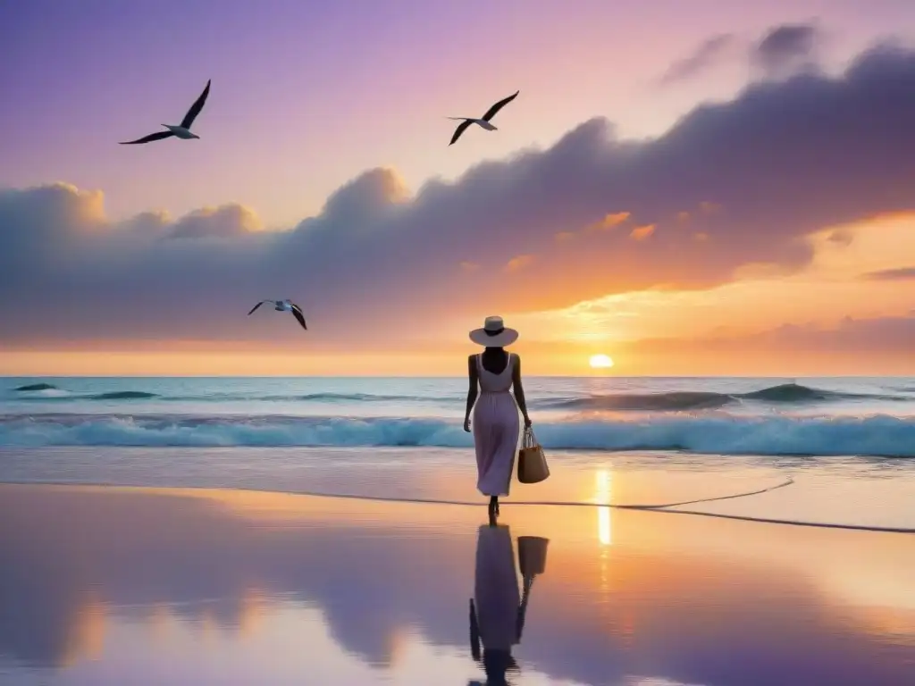Escena de lujo: atardecer dorado en playa exclusiva Un atardecer dorado sobre aguas cristalinas de una playa solitaria