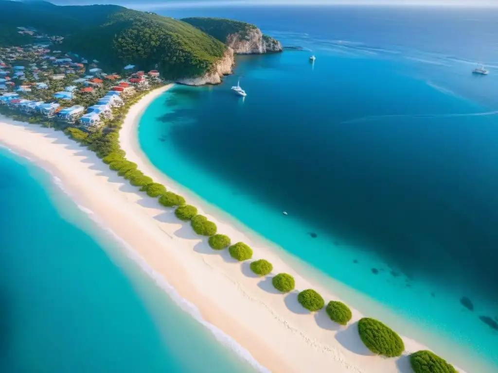 Paraíso costero: atardecer dorado en pueblo turquesa Atardecer dorado en encantador pueblo costero con aguas turquesa y playas blancas