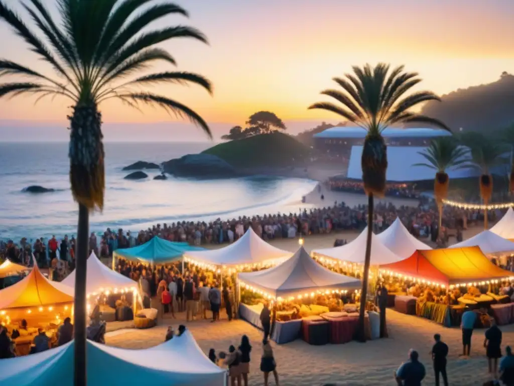 Atardecer dorado en festival de música costero Atardecer dorado en festival de música en la costa: escena festiva con diversa organización musical