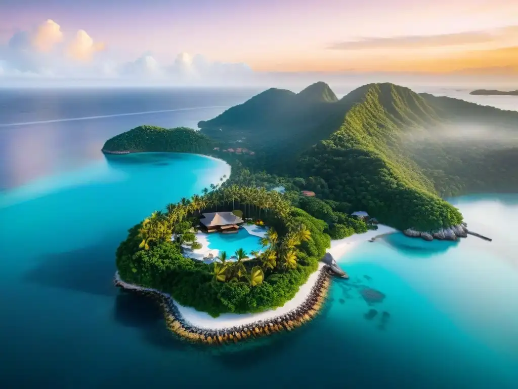 Paraíso exclusivo: isla privada de lujo con villas y yate Atardecer dorado en isla privada con villas lujosas, piscinas infinitas y vegetación tropical